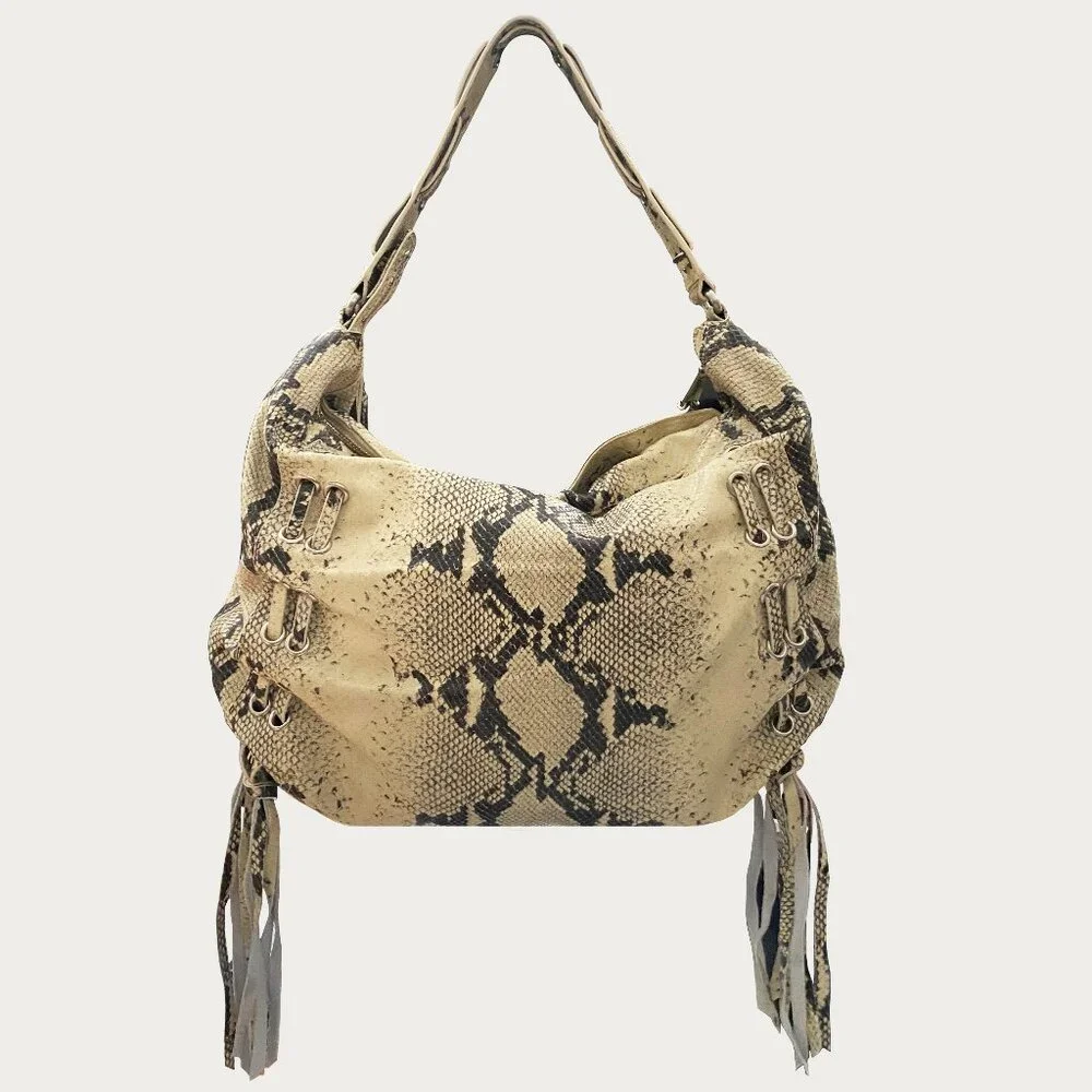 Botkier Python Embossed Leather Hobo Bag Ecru Black Silver Grommet Tassel